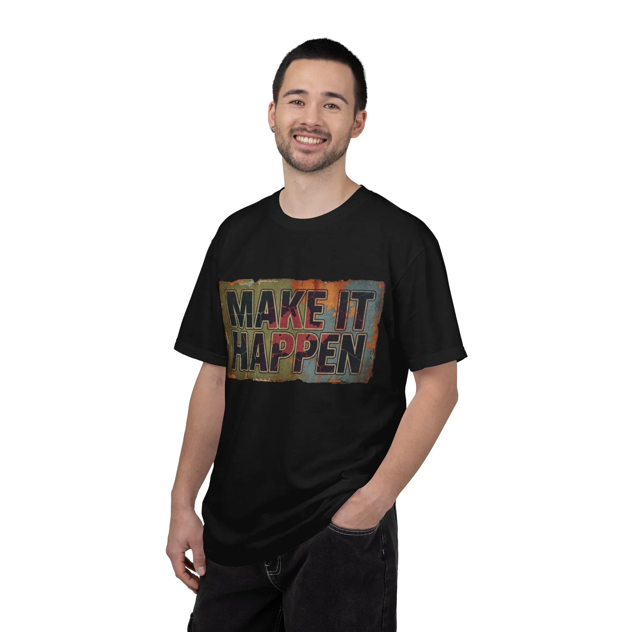 Make It Happen Shirt, Motivational Typography Tee, Vintage Distressed Quote T-Shirt, Hustle Entrepreneur Gift, Minimal Streetwear