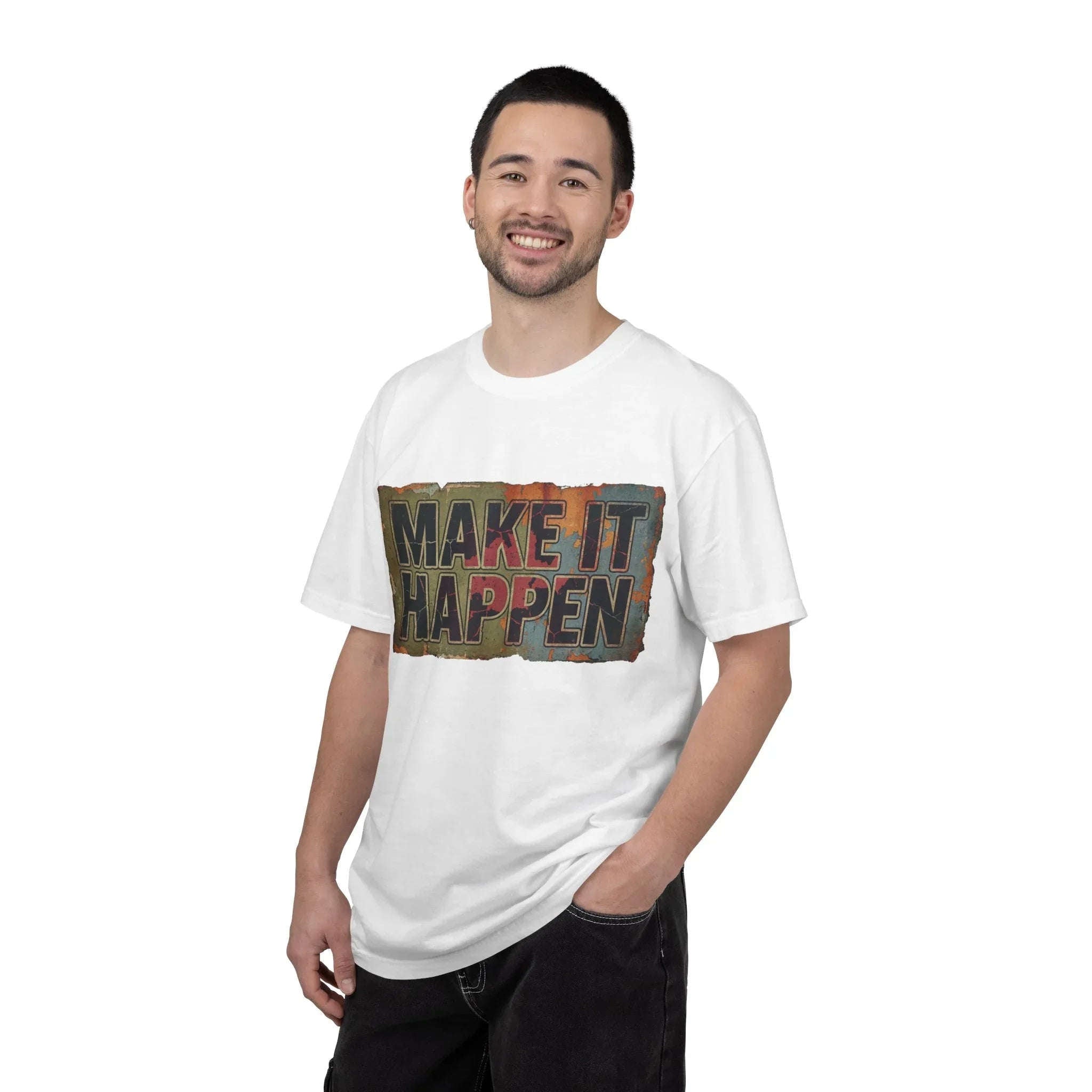 Make It Happen Shirt, Motivational Typography Tee, Vintage Distressed Quote T-Shirt, Hustle Entrepreneur Gift, Minimal Streetwear White