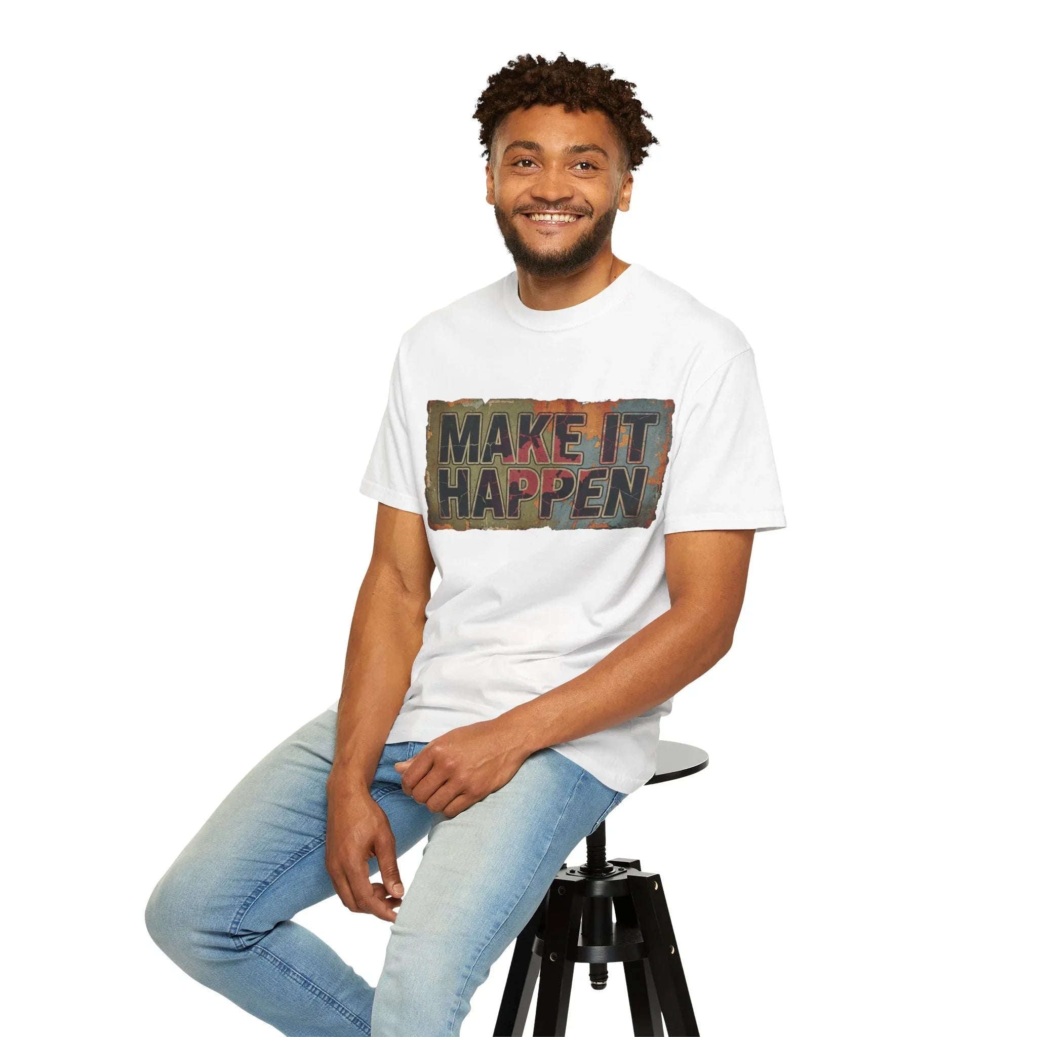Make It Happen Shirt, Motivational Typography Tee, Vintage Distressed Quote T-Shirt, Hustle Entrepreneur Gift, Minimal Streetwear