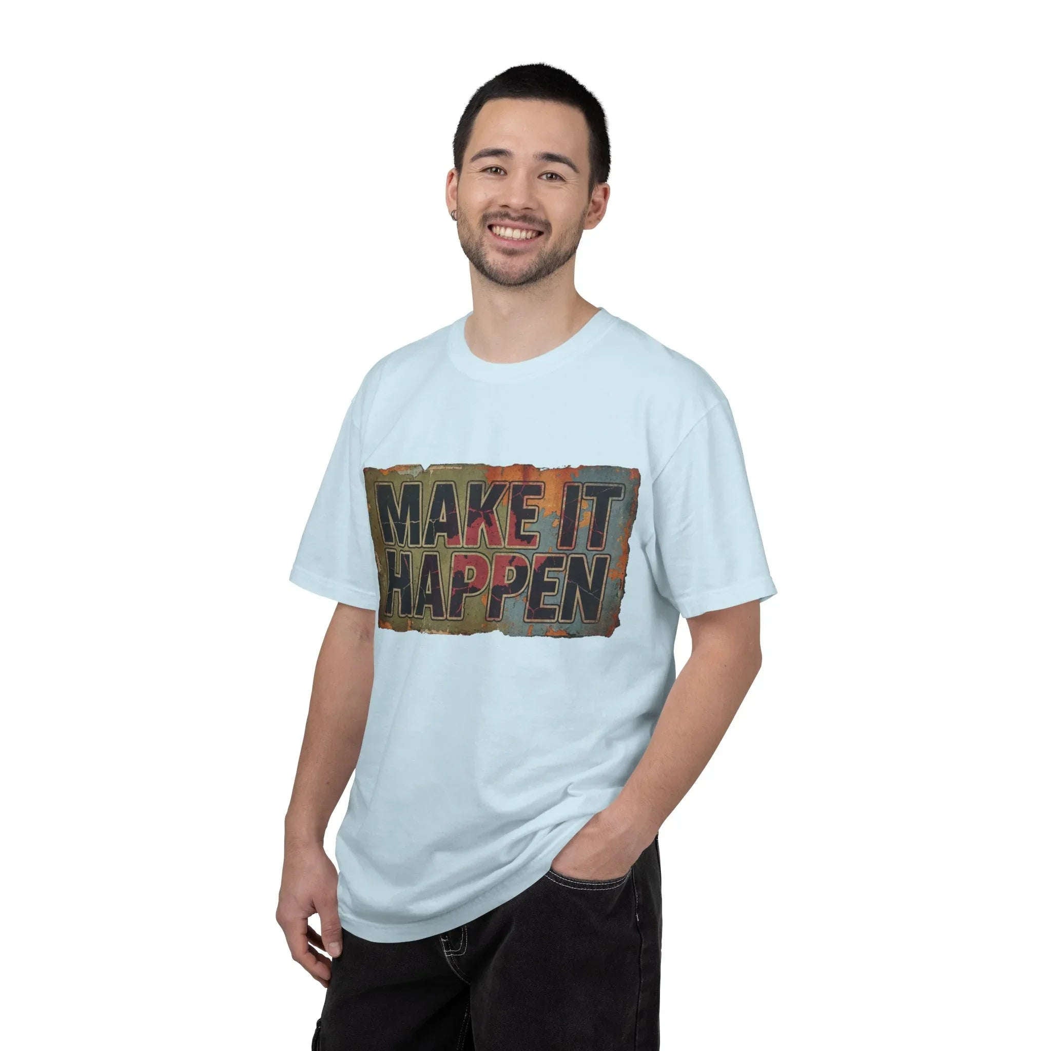 Make It Happen Shirt, Motivational Typography Tee, Vintage Distressed Quote T-Shirt, Hustle Entrepreneur Gift, Minimal Streetwear Chambray