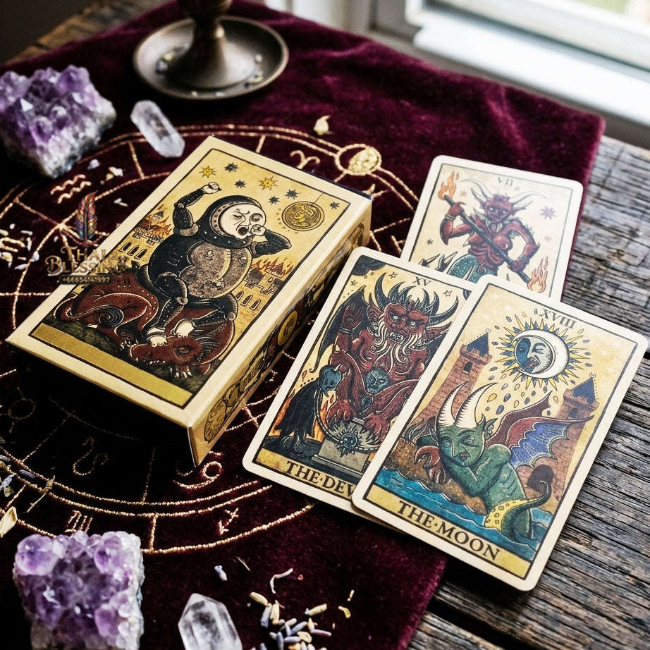 Marseilles Style Tarot Deck (78 Pcs Fully Illustrated Vintage Edition) - Classic Woodcut Art Divination Cards for Intuitive Readings, Occult Lovers & Tarot Collectors Thai Blessing Co By RURUECHA