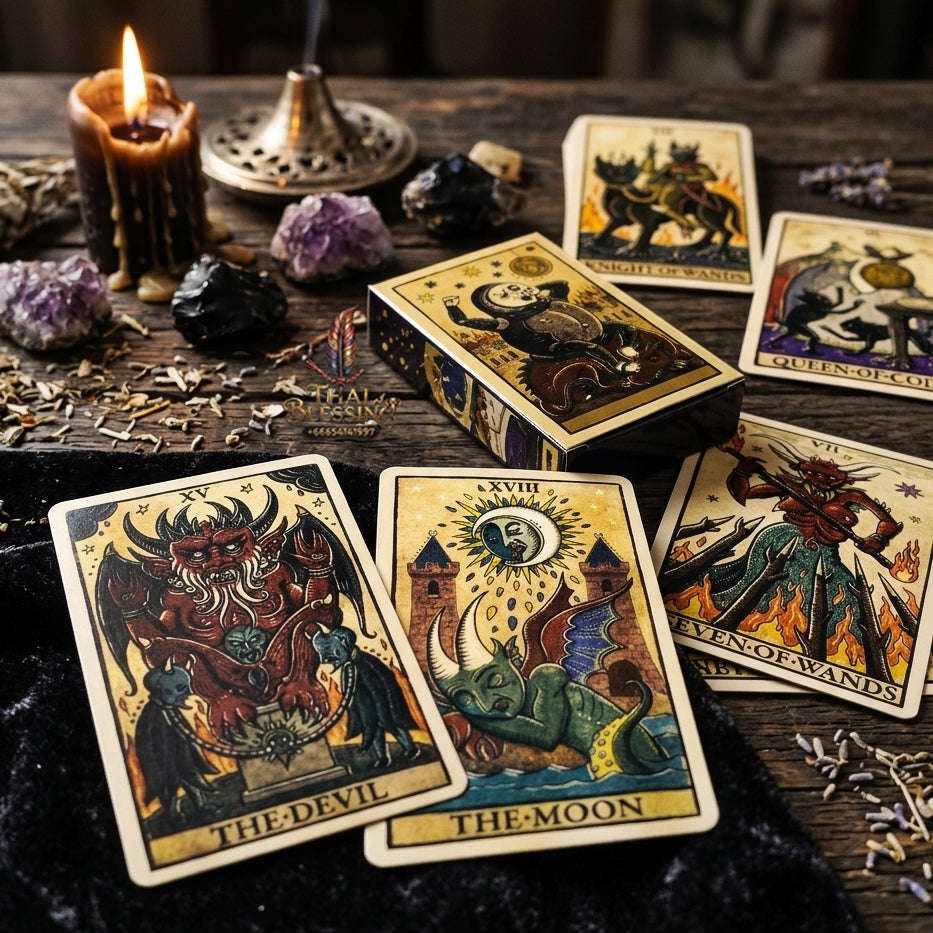 Marseilles Style Tarot Deck (78 Pcs Fully Illustrated Vintage Edition) - Classic Woodcut Art Divination Cards for Intuitive Readings, Occult Lovers & Tarot Collectors Thai Blessing Co By RURUECHA