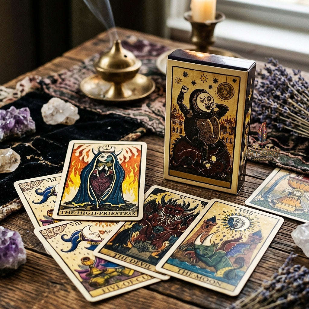 Marseilles Style Tarot Deck (78 Pcs Fully Illustrated Vintage Edition) - Classic Woodcut Art Divination Cards for Intuitive Readings, Occult Lovers & Tarot Collectors Thai Blessing Co By RURUECHA