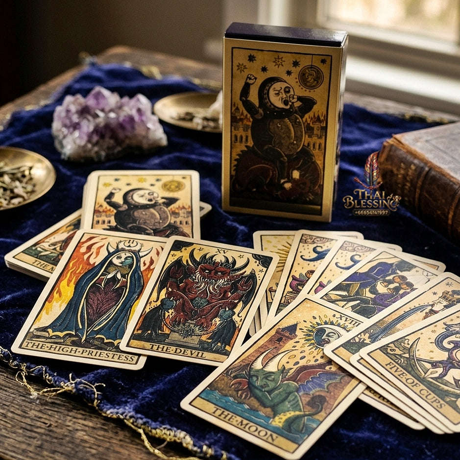 Marseilles Style Tarot Deck (78 Pcs Fully Illustrated Vintage Edition) - Classic Woodcut Art Divination Cards for Intuitive Readings, Occult Lovers & Tarot Collectors Thai Blessing Co By RURUECHA