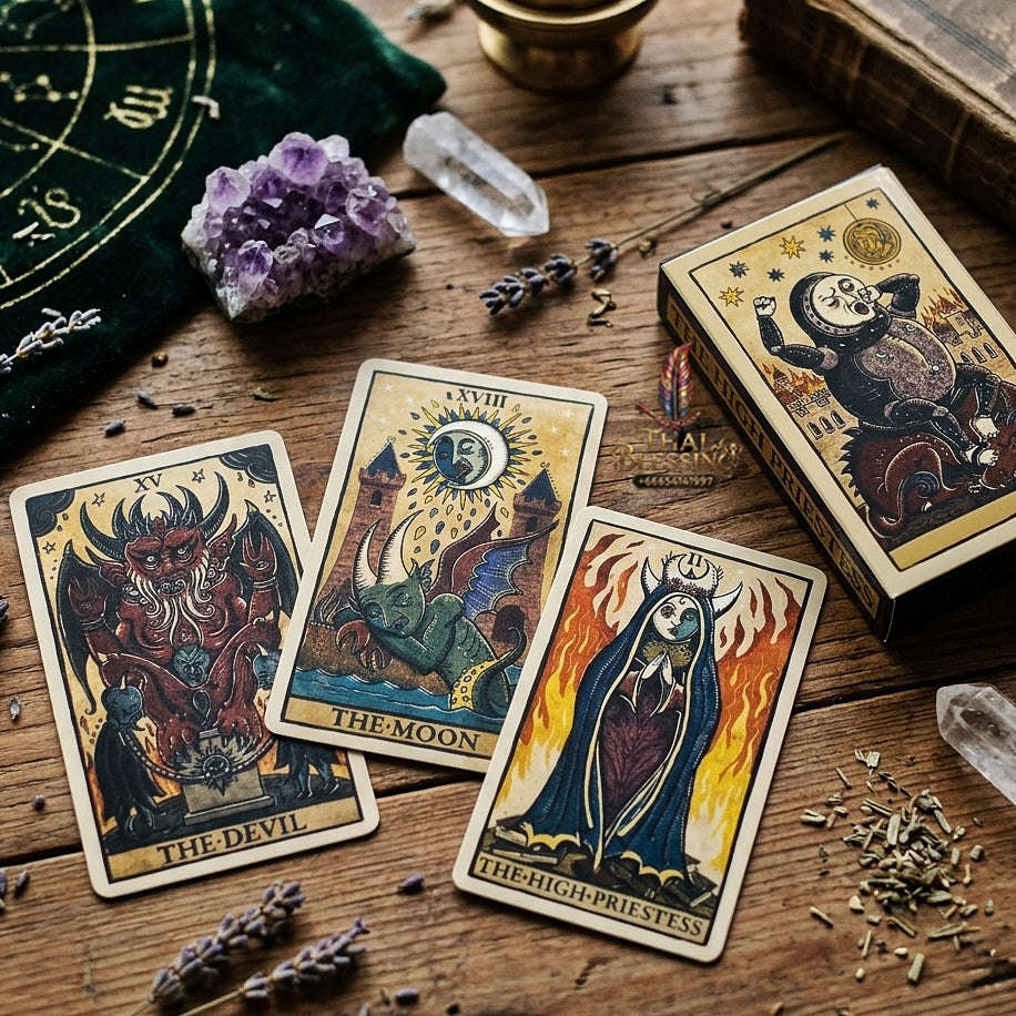 Marseilles Style Tarot Deck (78 Pcs Fully Illustrated Vintage Edition) - Classic Woodcut Art Divination Cards for Intuitive Readings, Occult Lovers & Tarot Collectors Thai Blessing Co By RURUECHA