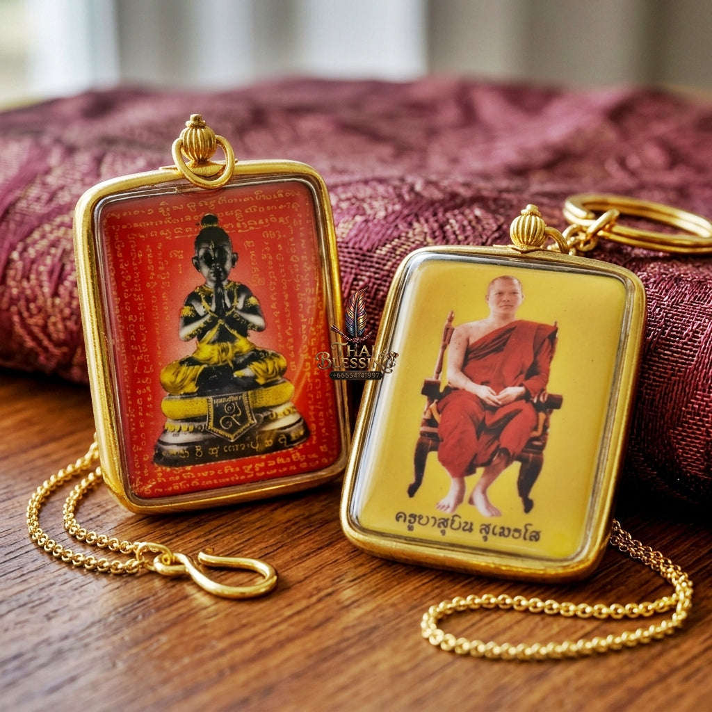 Master-Grade Esoteric Dual-Sided Red-Background Golden Child Kuman Tong & Sovereign Wealth Sacred Locket Edition Khru Ba Subin Sumetho 2013 Thai Amulet Collectible Thai Blessing Co By RURUECHA