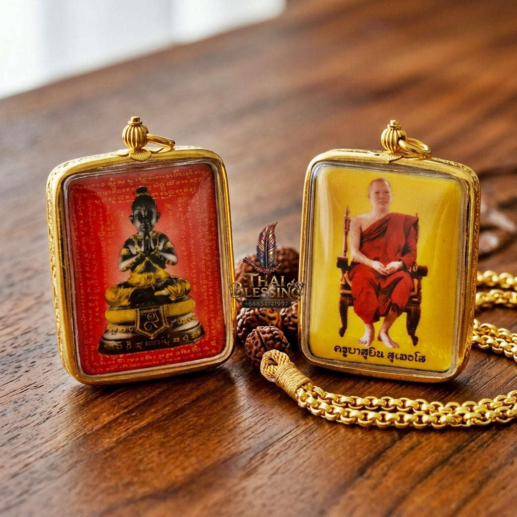 Master-Grade Esoteric Dual-Sided Red-Background Golden Child Kuman Tong & Sovereign Wealth Sacred Locket Edition Khru Ba Subin Sumetho 2013 Thai Amulet Collectible Thai Blessing Co By RURUECHA
