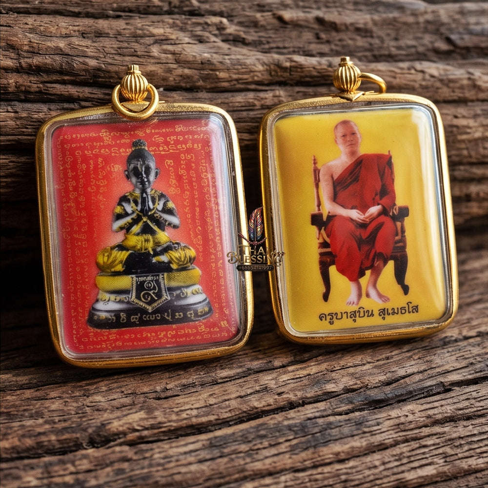 Master-Grade Esoteric Dual-Sided Red-Background Golden Child Kuman Tong & Sovereign Wealth Sacred Locket Edition Khru Ba Subin Sumetho 2013 Thai Amulet Collectible Thai Blessing Co By RURUECHA