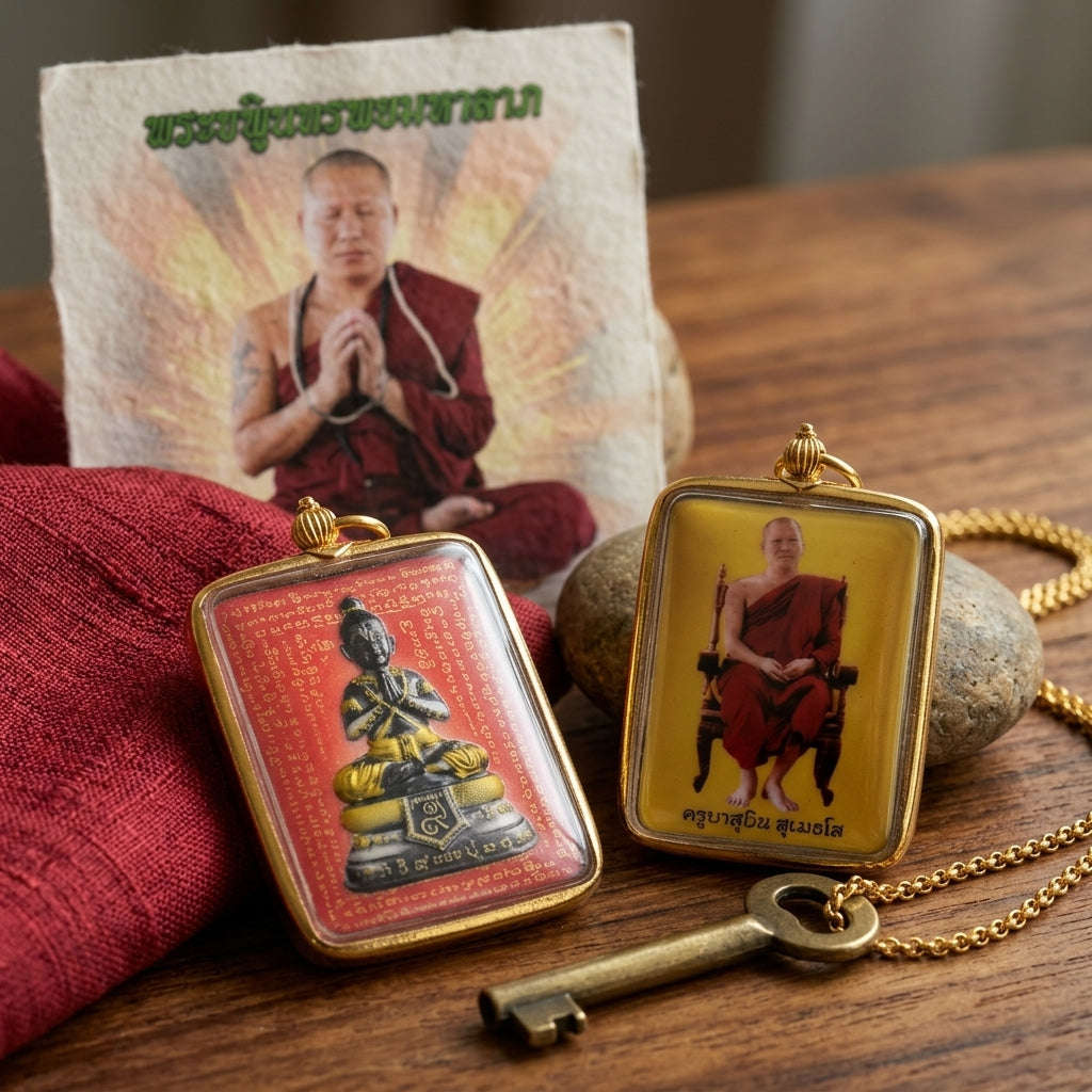 Master-Grade Esoteric Dual-Sided Red-Background Golden Child Kuman Tong & Sovereign Wealth Sacred Locket Edition Khru Ba Subin Sumetho 2013 Thai Amulet Collectible Thai Blessing Co By RURUECHA