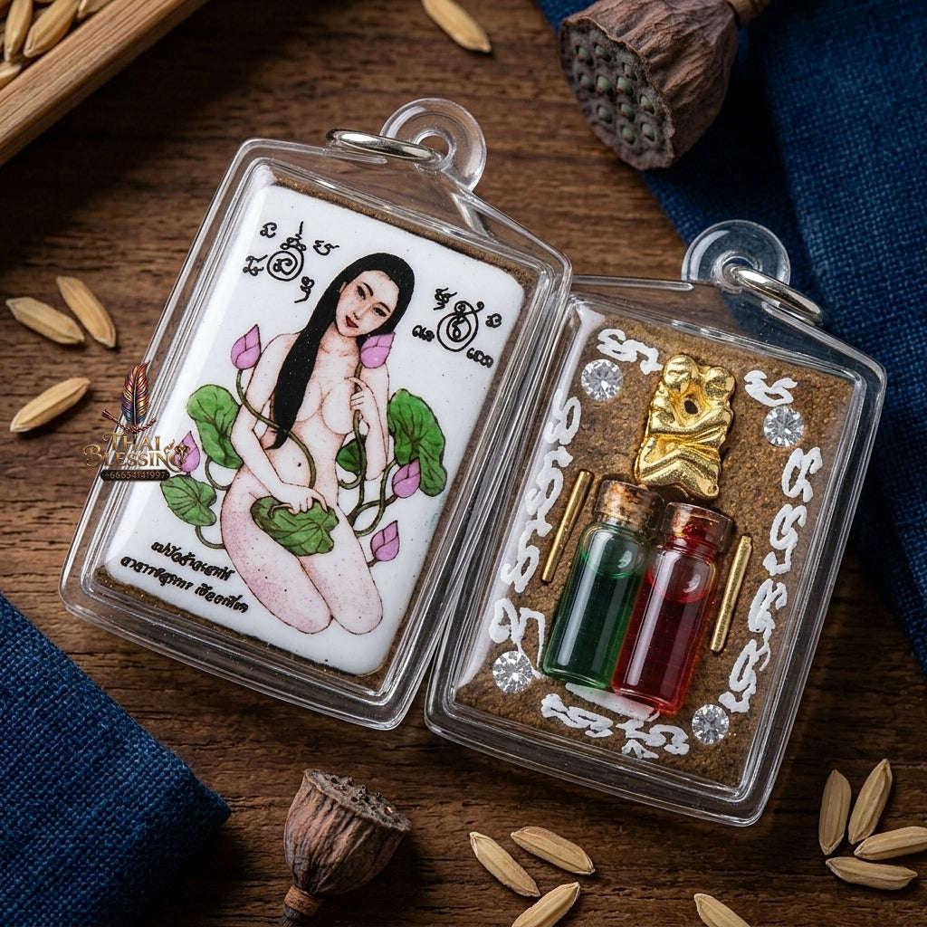 Master-Grade Esoteric Mae Bua Chao Saneh (Bua Bangbai Lotus Maiden), White-Background & Cemetery-Boiled Charm Wax Sacred Locket Edition Thai Blessing Co By RURUECHA