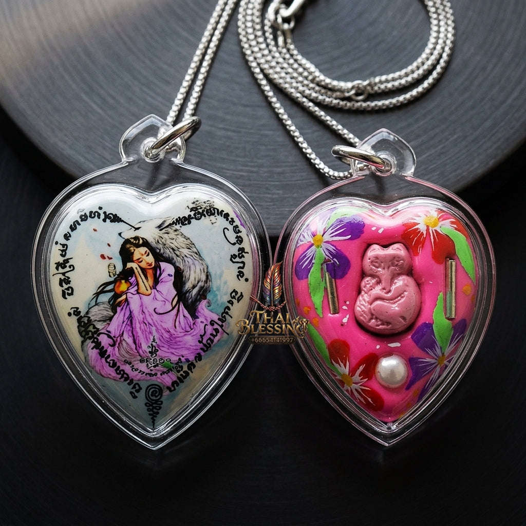 Master-Grade Esoteric Nine-Tail Fox & Romantic Attraction Sacred Heart-Shaped Locket Edition Achan Khe Khong Thong Thai Amulet Collectible Thai Blessing Co By RURUECHA