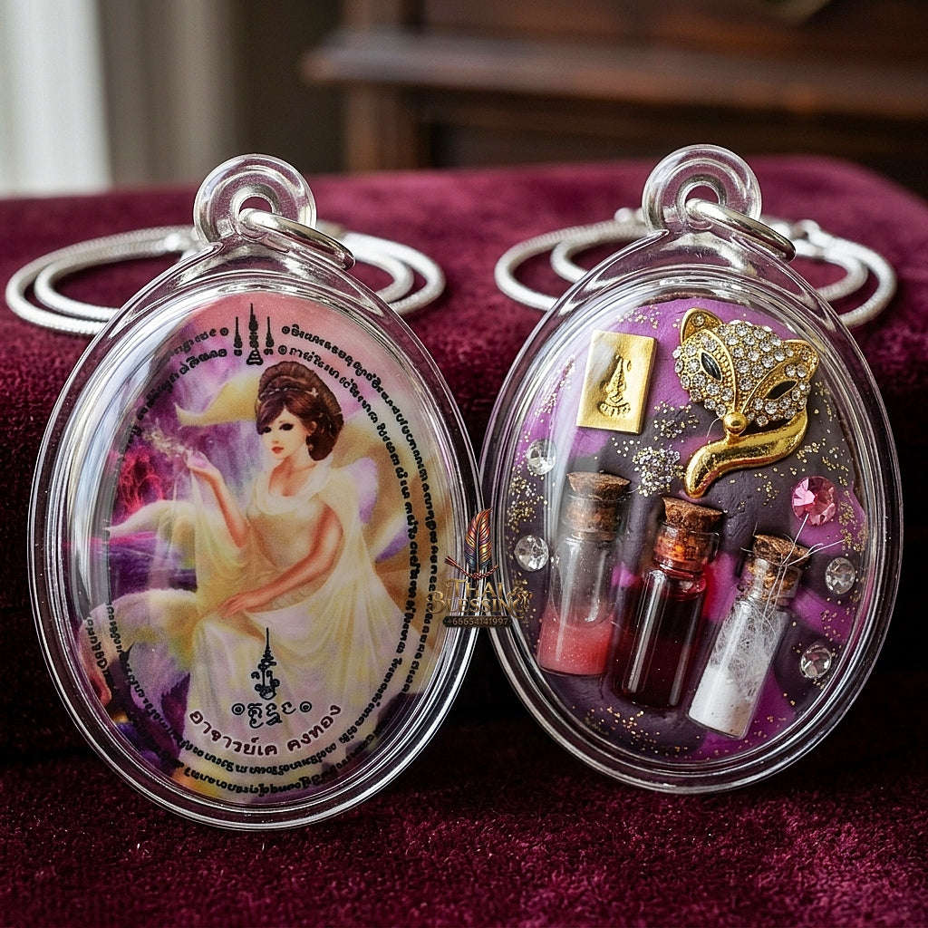 Master-Grade Esoteric Nine-Tail Fox & Romantic Attraction Sacred Oval Locket Medium Edition Achan Khe Khong Thong Thai Amulet Collectible Thai Blessing Co By RURUECHA
