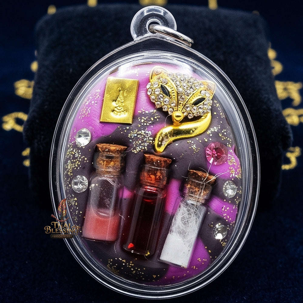 Master-Grade Esoteric Nine-Tail Fox & Romantic Attraction Sacred Oval Locket Medium Edition Achan Khe Khong Thong Thai Amulet Collectible Thai Blessing Co By RURUECHA