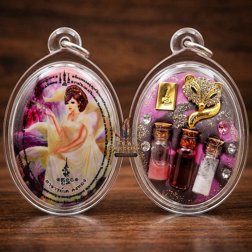 Master-Grade Esoteric Nine-Tail Fox & Romantic Attraction Sacred Oval Locket Medium Edition Achan Khe Khong Thong Thai Amulet Collectible Thai Blessing Co By RURUECHA