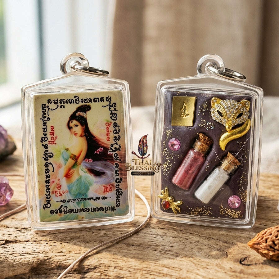 Master-Grade Esoteric Nine-Tail Fox & Romantic Attraction Sacred Square Locket Edition Achan Khe Khong Thong Thai Amulet Collectible Thai Blessing Co By RURUECHA