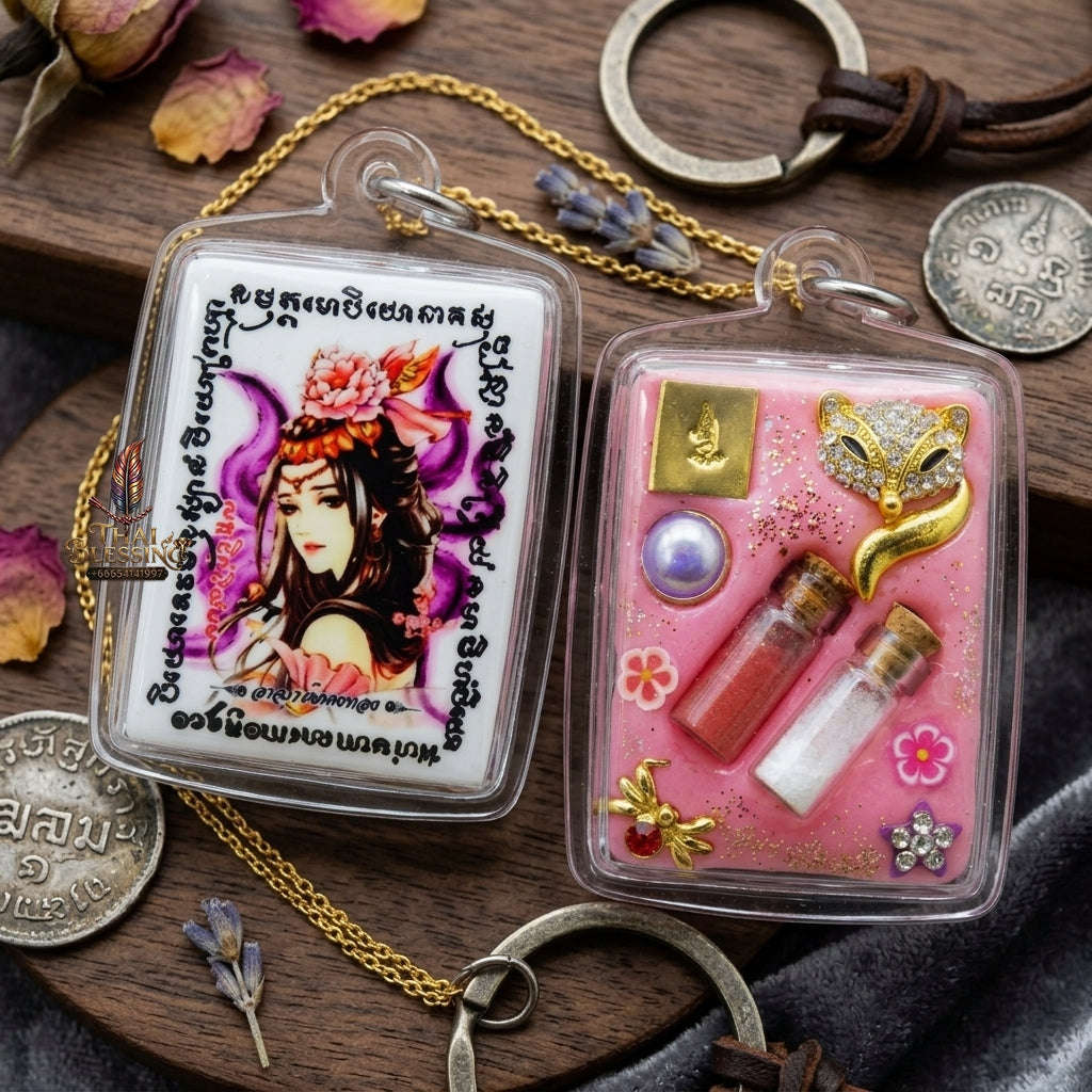 Master-Grade Esoteric Nine-Tail Fox & Romantic Attraction Sacred Square Locket Edition Achan Khe Khong Thong Thai Amulet Collectible Thai Blessing Co By RURUECHA