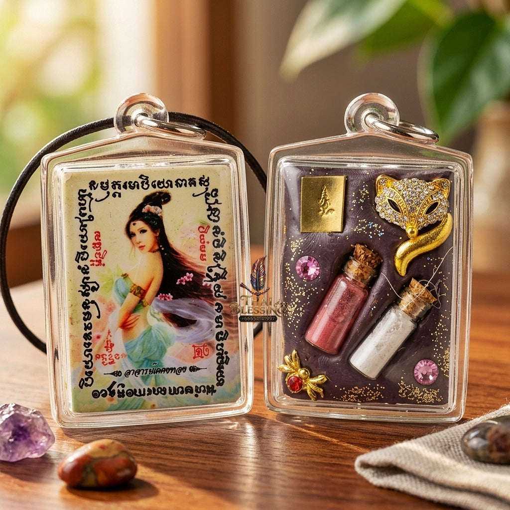 Master-Grade Esoteric Nine-Tail Fox & Romantic Attraction Sacred Square Locket Edition Achan Khe Khong Thong Thai Amulet Collectible Thai Blessing Co By RURUECHA