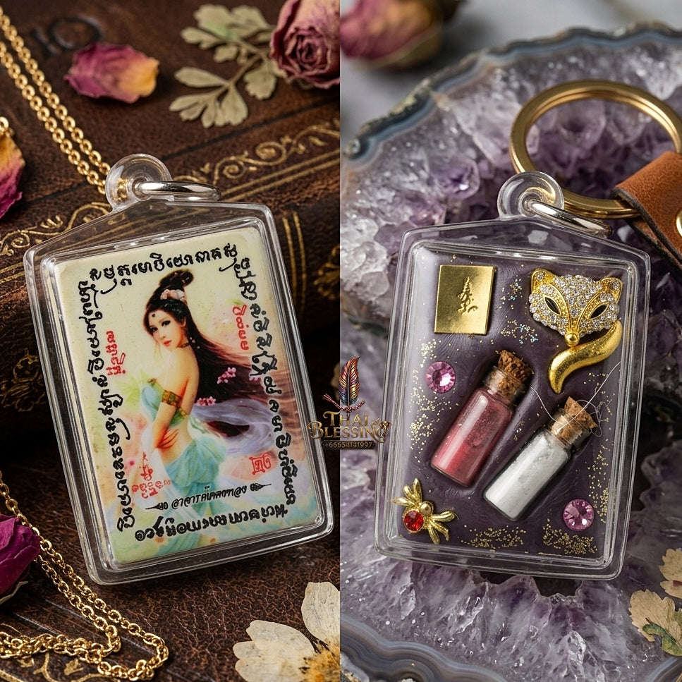 Master-Grade Esoteric Nine-Tail Fox & Romantic Attraction Sacred Square Locket Edition Achan Khe Khong Thong Thai Amulet Collectible Thai Blessing Co By RURUECHA