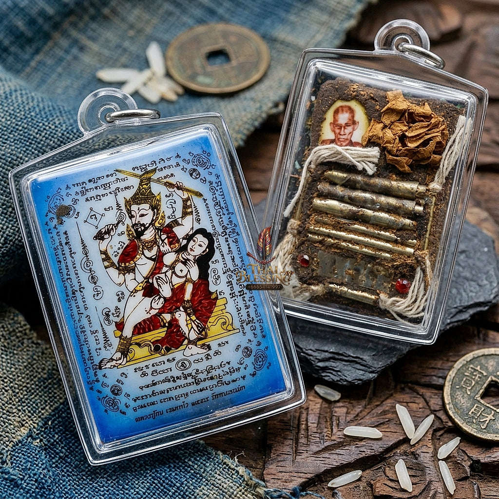 Master-Grade Esoteric Phet Phayathorn Celestial Deity & Sovereign Maha Saneh Blue-Background Sacred Locket Edition Luang Pu In Thai Blessing Co By RURUECHA