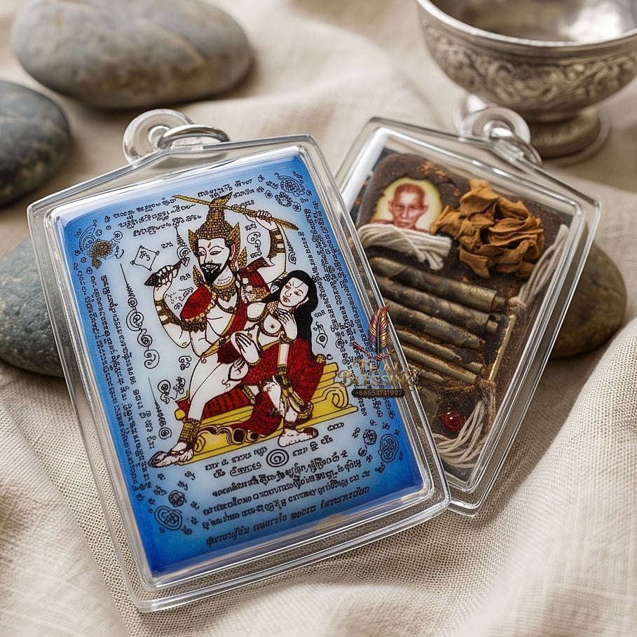 Master-Grade Esoteric Phet Phayathorn Celestial Deity & Sovereign Maha Saneh Blue-Background Sacred Locket Edition Luang Pu In Thai Blessing Co By RURUECHA
