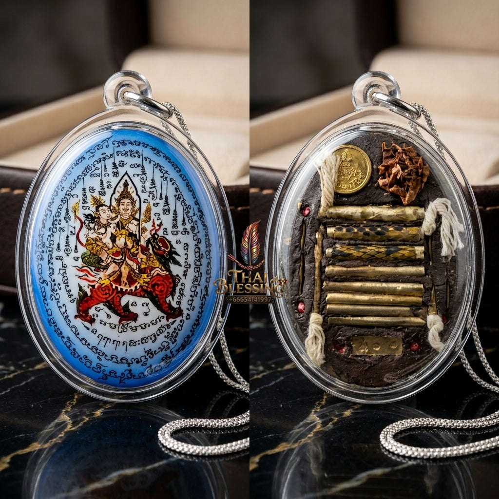 Master-Grade Esoteric Phet Phayathorn Celestial Deity & Sovereign Maha Saneh Extra-Large Blue-Background Sacred Locket Thai Blessing Co By RURUECHA