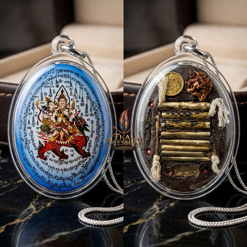 Master-Grade Esoteric Phet Phayathorn Celestial Deity & Sovereign Maha Saneh Extra-Large Blue-Background Sacred Locket Thai Blessing Co By RURUECHA
