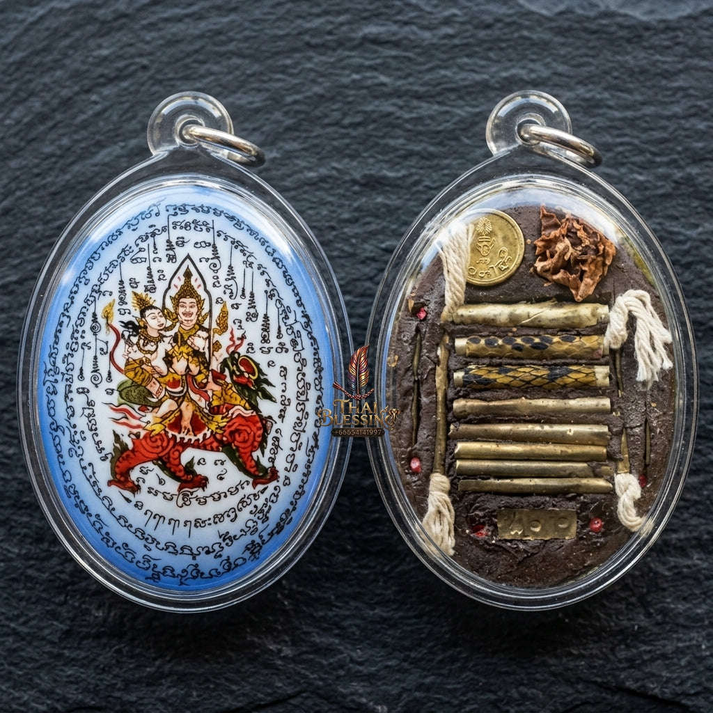 Master-Grade Esoteric Phet Phayathorn Celestial Deity & Sovereign Maha Saneh Extra-Large Blue-Background Sacred Locket Thai Blessing Co By RURUECHA