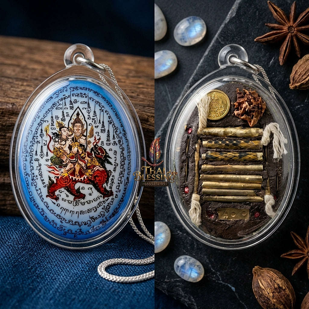 Master-Grade Esoteric Phet Phayathorn Celestial Deity & Sovereign Maha Saneh Extra-Large Blue-Background Sacred Locket Thai Blessing Co By RURUECHA