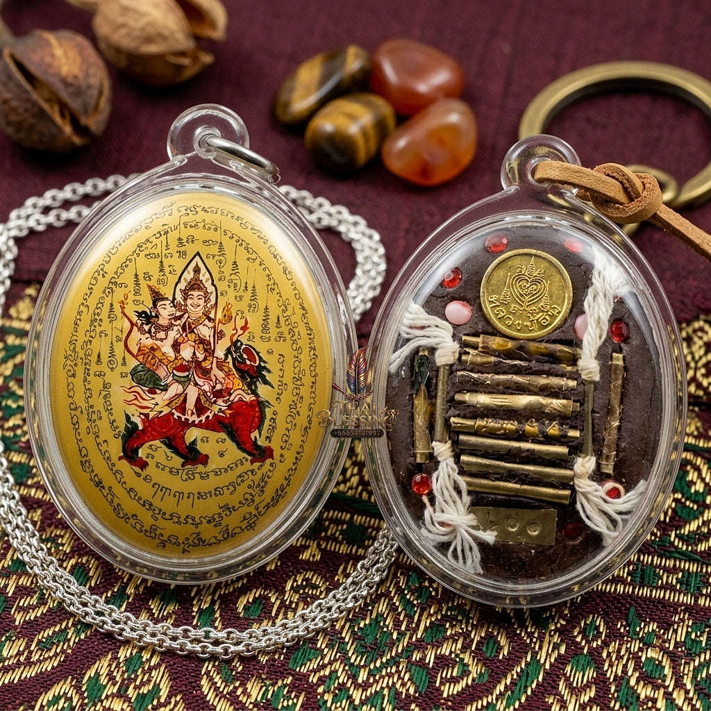 Master-Grade Esoteric Phet Phayathorn Celestial Deity & Sovereign Maha Saneh Gold-Background Sacred Locket Edition Luang Pu In Wat Nong Mek Thai Blessing Co By RURUECHA