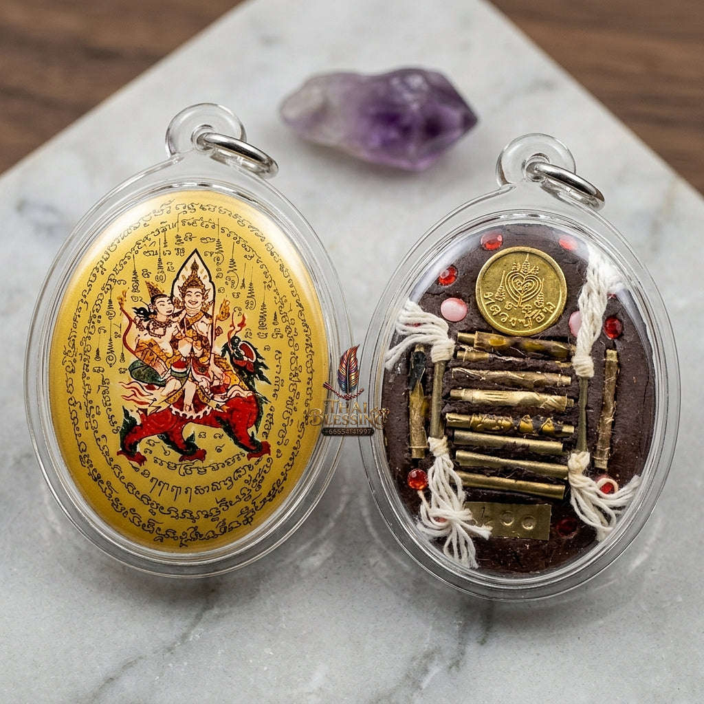 Master-Grade Esoteric Phet Phayathorn Celestial Deity & Sovereign Maha Saneh Gold-Background Sacred Locket Edition Luang Pu In Wat Nong Mek Thai Blessing Co By RURUECHA