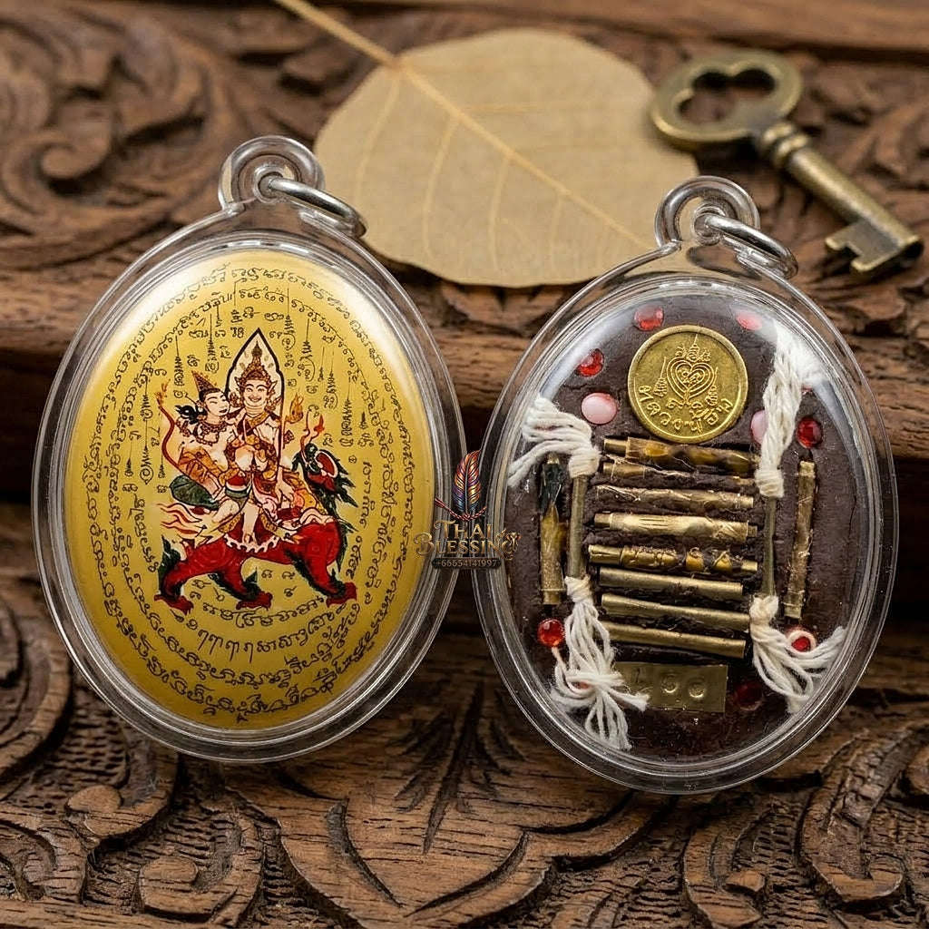 Master-Grade Esoteric Phet Phayathorn Celestial Deity & Sovereign Maha Saneh Gold-Background Sacred Locket Edition Luang Pu In Wat Nong Mek Thai Blessing Co By RURUECHA