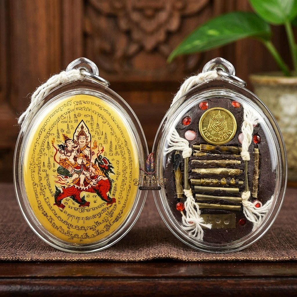 Master-Grade Esoteric Phet Phayathorn Celestial Deity & Sovereign Maha Saneh Gold-Background Sacred Locket Edition Luang Pu In Wat Nong Mek Thai Blessing Co By RURUECHA