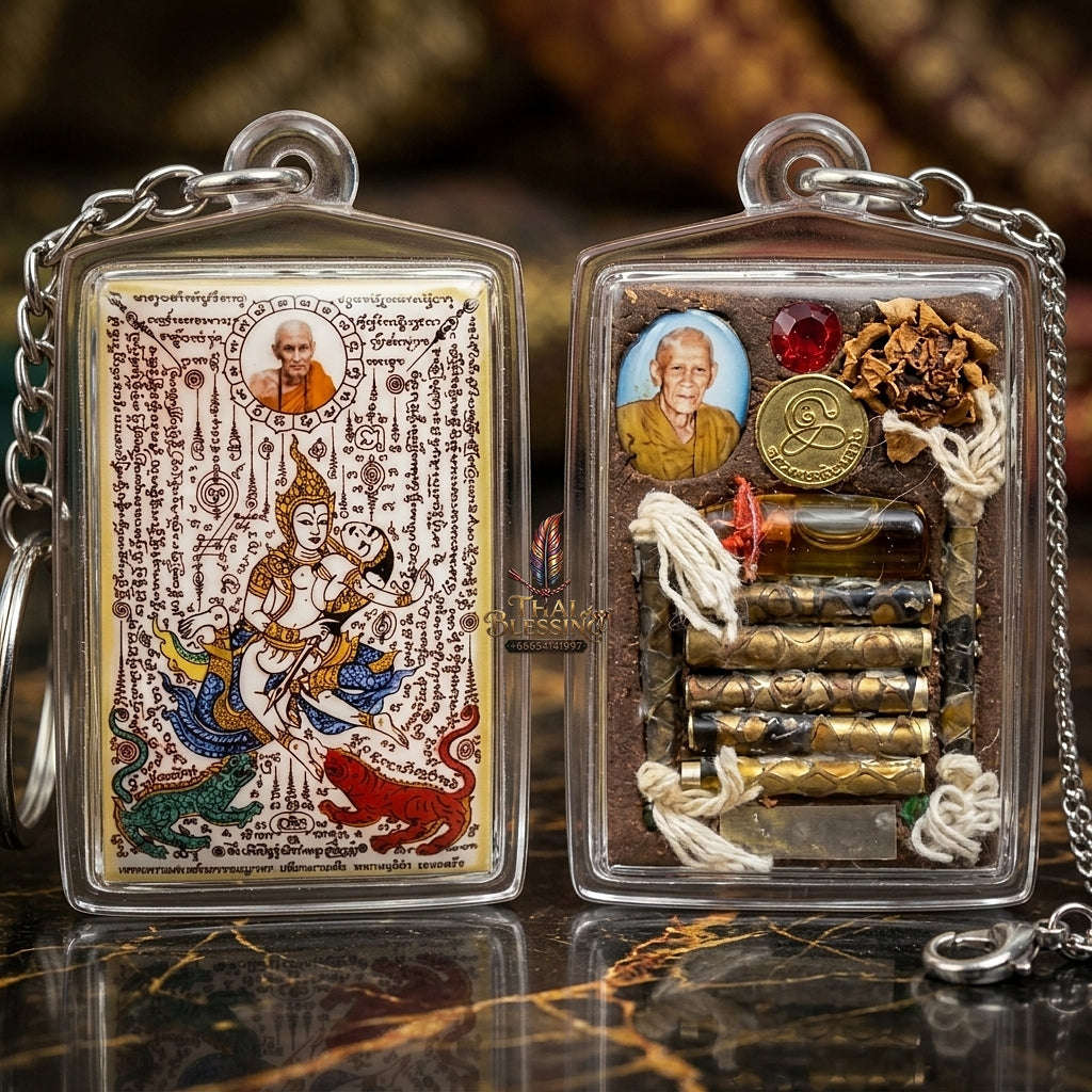 Master-Grade Esoteric Phet Phayathorn Celestial Deity & Sovereign Maha Saneh Large Blue-Background Sacred Locket Edition Luang Pu In Wat Nong Mek Thai Blessing Co By RURUECHA