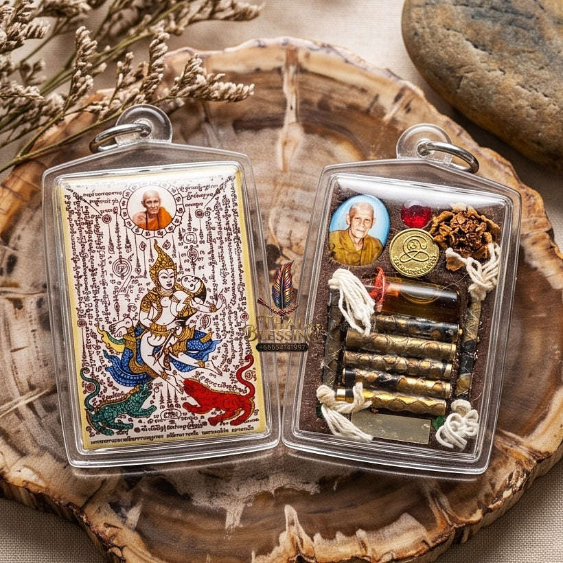 Master-Grade Esoteric Phet Phayathorn Celestial Deity & Sovereign Maha Saneh Large Blue-Background Sacred Locket Edition Luang Pu In Wat Nong Mek Thai Blessing Co By RURUECHA