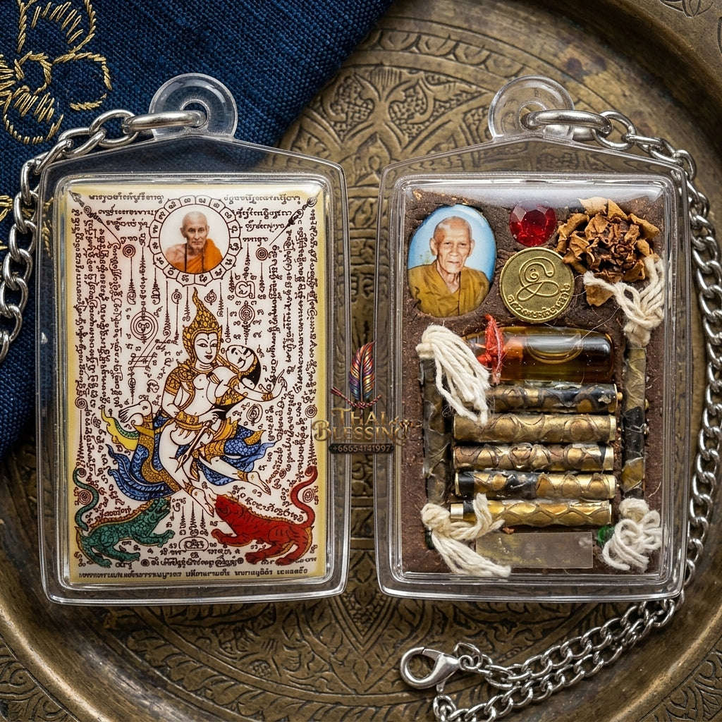 Master-Grade Esoteric Phet Phayathorn Celestial Deity & Sovereign Maha Saneh Large Blue-Background Sacred Locket Edition Luang Pu In Wat Nong Mek Thai Blessing Co By RURUECHA