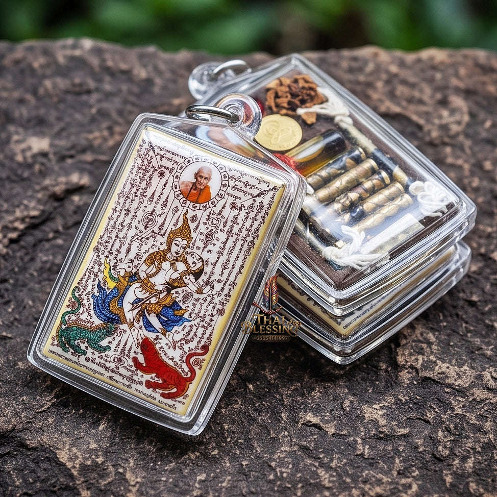 Master-Grade Esoteric Phet Phayathorn Celestial Deity & Sovereign Maha Saneh Large Blue-Background Sacred Locket Edition Luang Pu In Wat Nong Mek Thai Blessing Co By RURUECHA