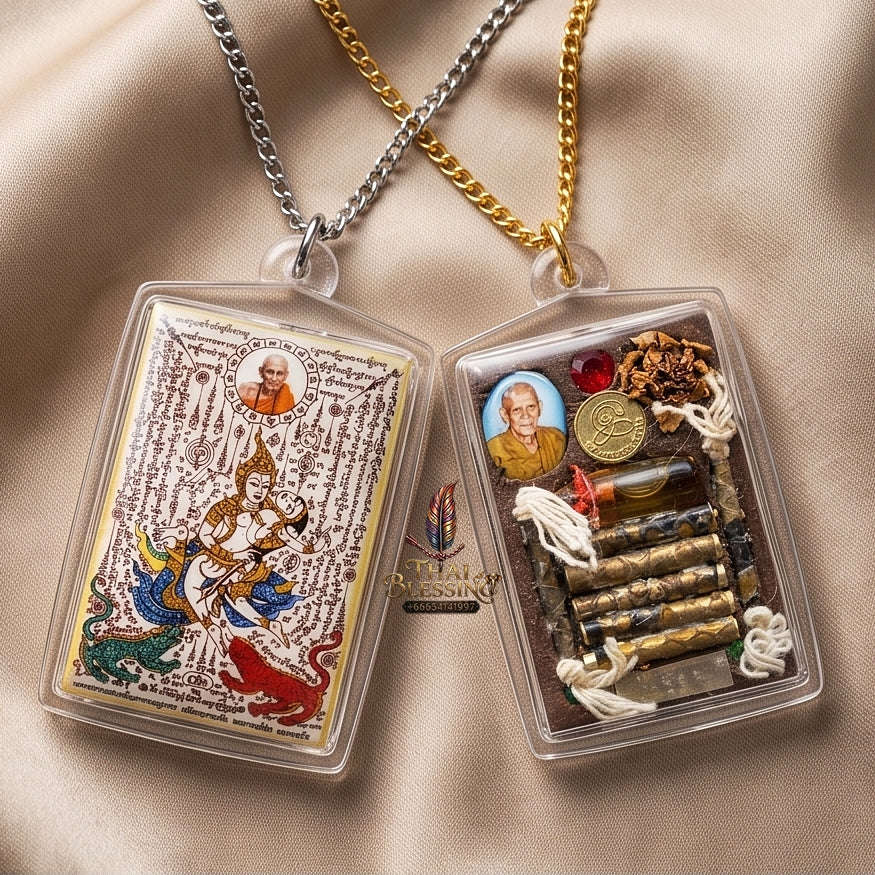 Master-Grade Esoteric Phet Phayathorn Celestial Deity & Sovereign Maha Saneh Large Blue-Background Sacred Locket Edition Luang Pu In Wat Nong Mek Thai Blessing Co By RURUECHA