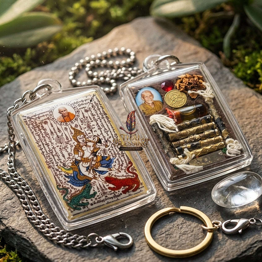 Master-Grade Esoteric Phet Phayathorn Celestial Deity & Sovereign Maha Saneh Large Blue-Background Sacred Locket Edition Luang Pu In Wat Nong Mek Thai Blessing Co By RURUECHA