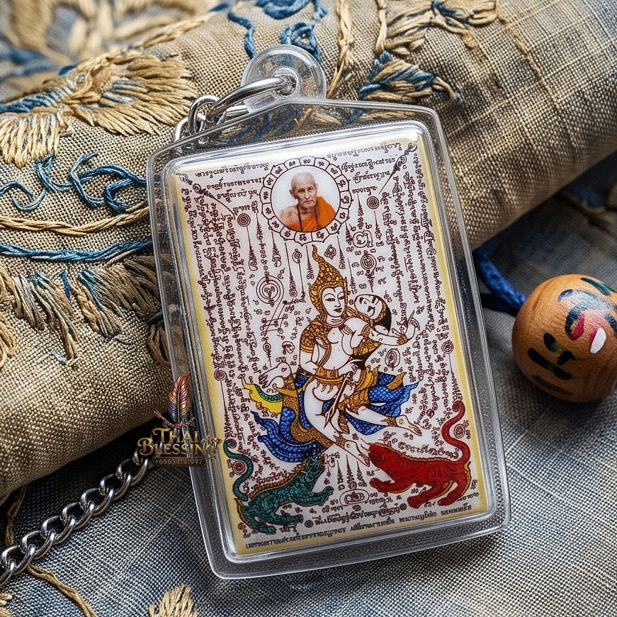 Master-Grade Esoteric Phet Phayathorn Celestial Deity & Sovereign Maha Saneh Large Blue-Background Sacred Locket Edition Luang Pu In Wat Nong Mek Thai Blessing Co By RURUECHA