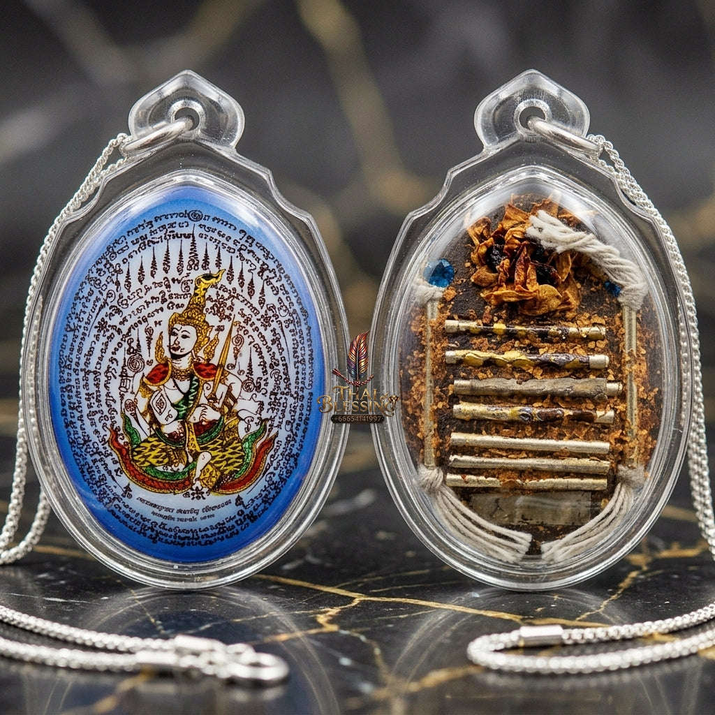Master-Grade Esoteric Phet Phayathorn Celestial Deity & Sovereign Maha Saneh Medium-Large Blue-Background Sacred Locket Edition Luang Pu In Wat Nong Mek Surin 2014 Thai Amulet Collectible Thai Blessing Co By RURUECHA
