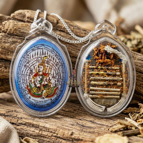 Master-Grade Esoteric Phet Phayathorn Celestial Deity & Sovereign Maha Saneh Medium-Large Blue-Background Sacred Locket Edition Luang Pu In Wat Nong Mek Surin 2014 Thai Amulet Collectible Thai Blessing Co By RURUECHA