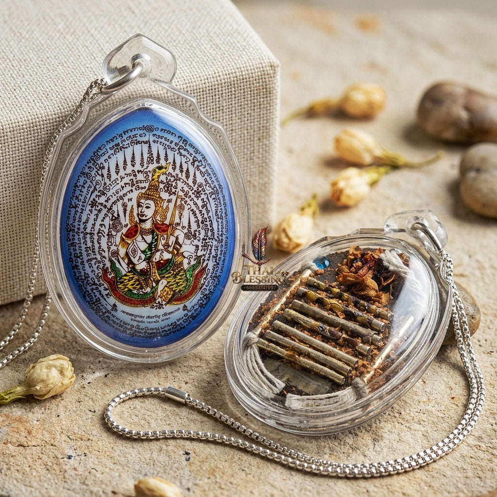 Master-Grade Esoteric Phet Phayathorn Celestial Deity & Sovereign Maha Saneh Medium-Large Blue-Background Sacred Locket Edition Luang Pu In Wat Nong Mek Surin 2014 Thai Amulet Collectible Thai Blessing Co By RURUECHA