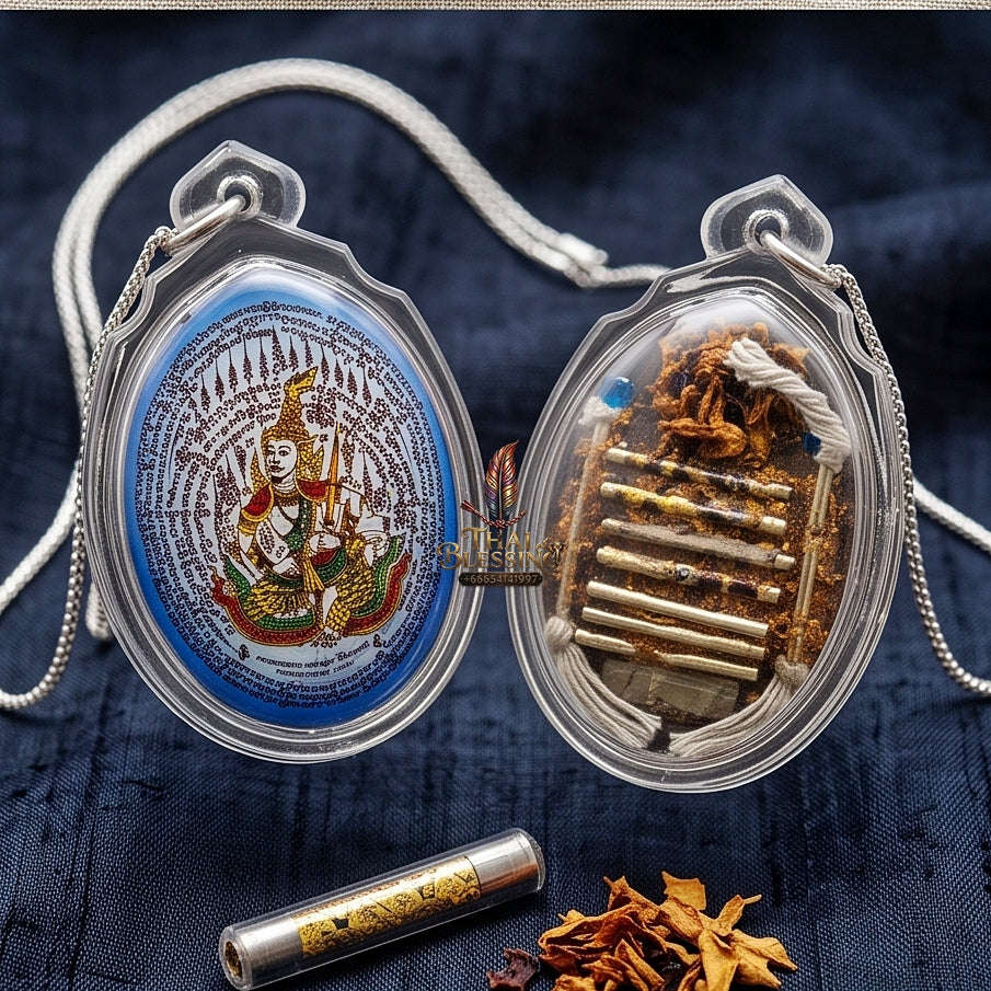 Master-Grade Esoteric Phet Phayathorn Celestial Deity & Sovereign Maha Saneh Medium-Large Blue-Background Sacred Locket Edition Luang Pu In Wat Nong Mek Surin 2014 Thai Amulet Collectible Thai Blessing Co By RURUECHA