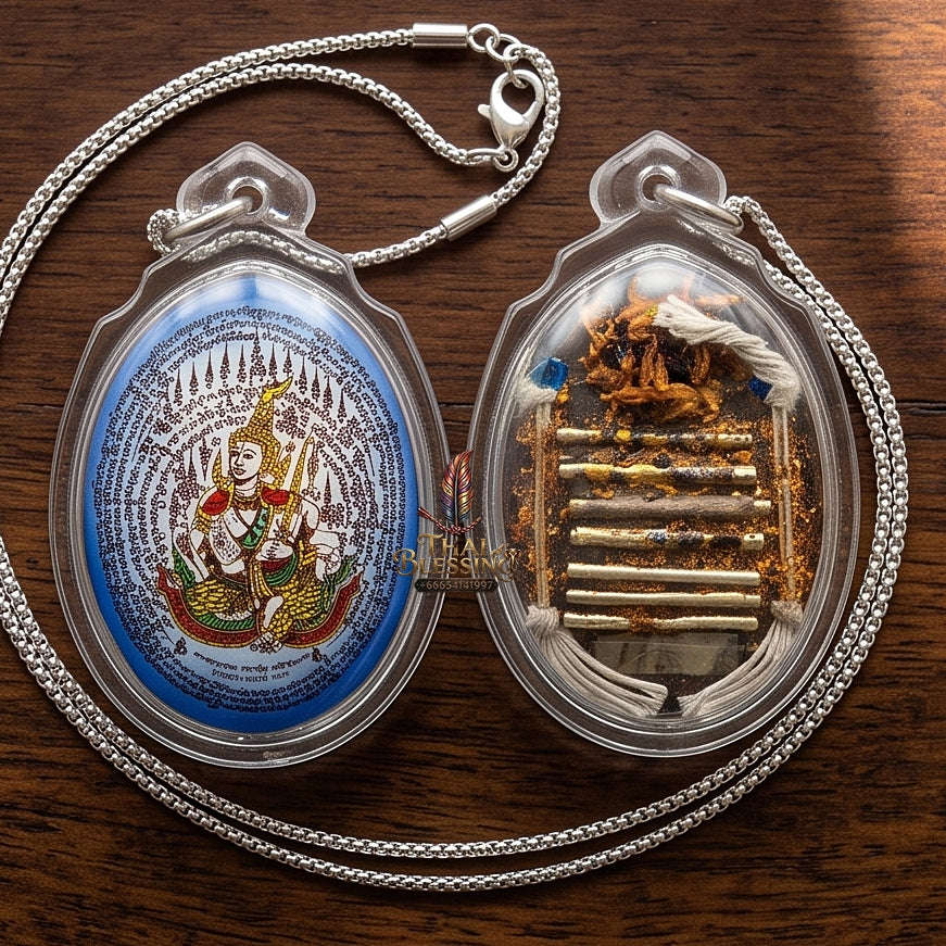 Master-Grade Esoteric Phet Phayathorn Celestial Deity & Sovereign Maha Saneh Medium-Large Blue-Background Sacred Locket Edition Luang Pu In Wat Nong Mek Surin 2014 Thai Amulet Collectible Thai Blessing Co By RURUECHA