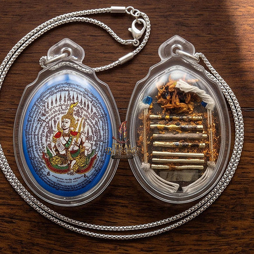 Master-Grade Esoteric Phet Phayathorn Celestial Deity & Sovereign Maha Saneh Medium-Large Blue-Background Sacred Locket Edition Luang Pu In Wat Nong Mek Surin 2014 Thai Amulet Collectible Thai Blessing Co By RURUECHA