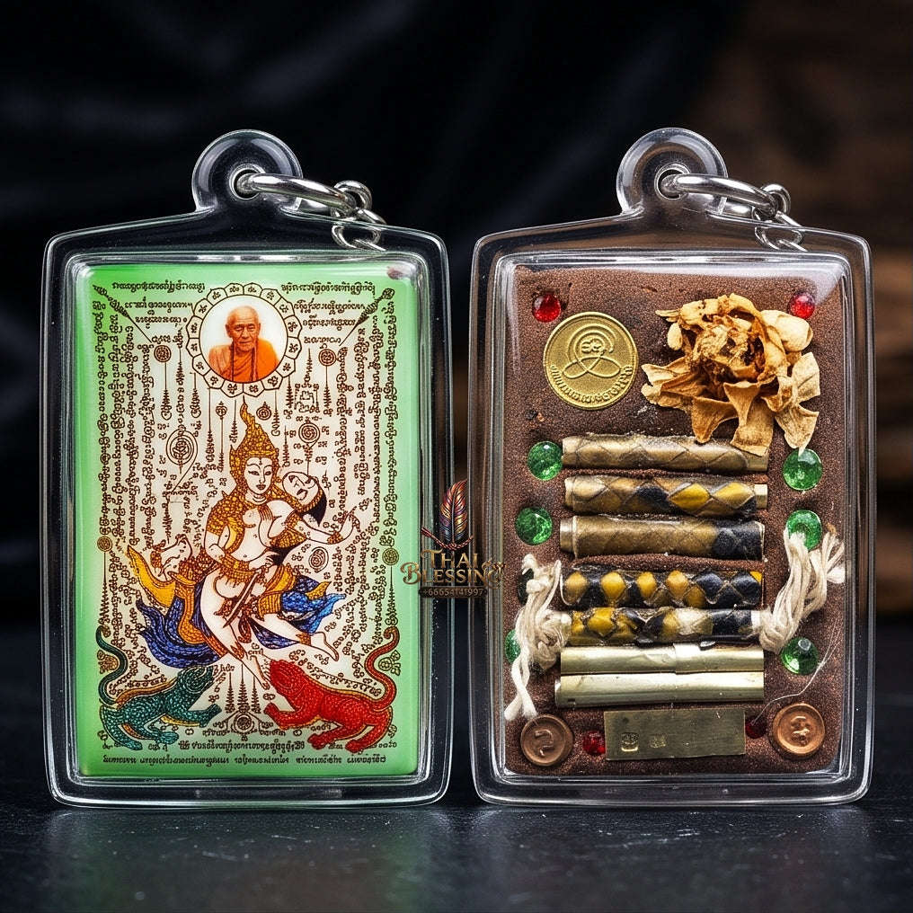 Master-Grade Esoteric Phet Phayathorn Chao Saneh Celestial Deity & Sovereign Maha Saneh Large Green-Background Sacred Locket Thai Blessing Co By RURUECHA