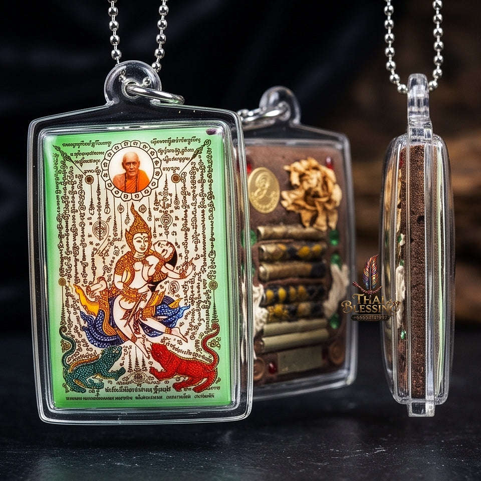 Master-Grade Esoteric Phet Phayathorn Chao Saneh Celestial Deity & Sovereign Maha Saneh Large Green-Background Sacred Locket Thai Blessing Co By RURUECHA