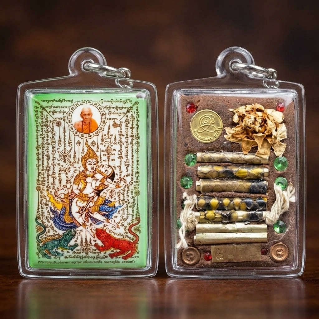 Master-Grade Esoteric Phet Phayathorn Chao Saneh Celestial Deity & Sovereign Maha Saneh Large Green-Background Sacred Locket Thai Blessing Co By RURUECHA