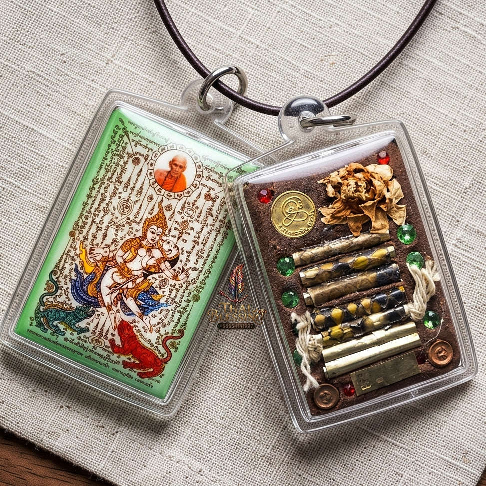 Master-Grade Esoteric Phet Phayathorn Chao Saneh Celestial Deity & Sovereign Maha Saneh Large Green-Background Sacred Locket Thai Blessing Co By RURUECHA