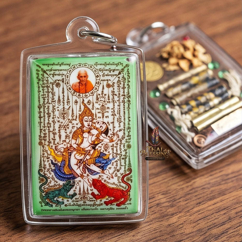 Master-Grade Esoteric Phet Phayathorn Chao Saneh Celestial Deity & Sovereign Maha Saneh Large Green-Background Sacred Locket Thai Blessing Co By RURUECHA